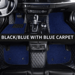Handcrafted black blue car mats with carpet insert designed for UK cars