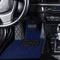Premium black blue leather car mats with stitched edges and blue carpet layer UK